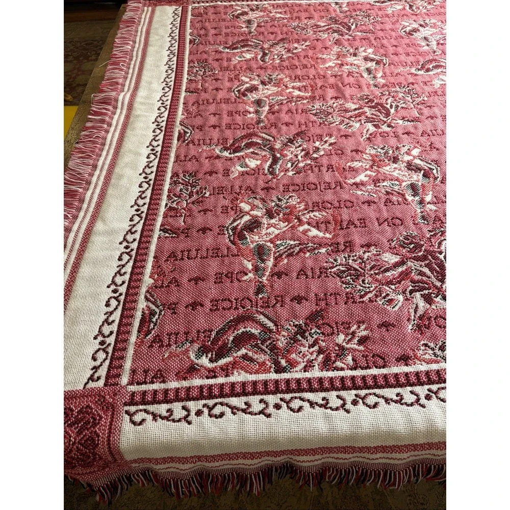 Vintage 90s Christmas Tapestry Blanket Red Angel Cherub Rejoice Peace on‎ Earth